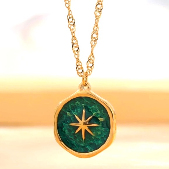 Octagonal Star Above Green Lake Mossy Pond Refraction Caustics 18K Gold Necklace